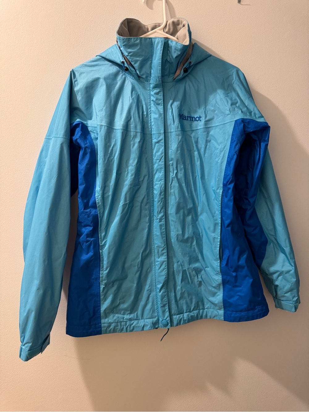 Marmot Two-Tone Light Blue and Royal Blue Waterproof Hooded Jacket